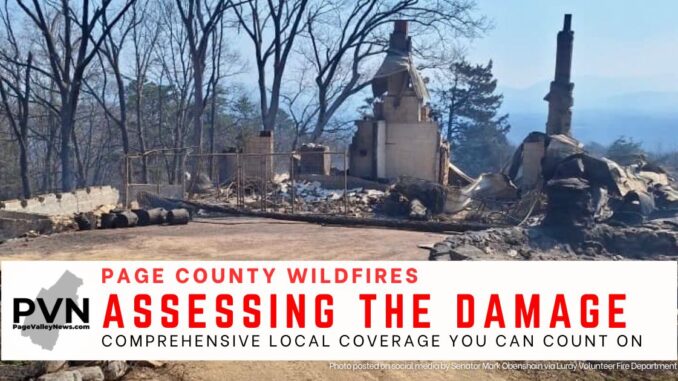 Page Valley News graphic: Rubble of a home on the Massanutten Mountain destroyed by the March 2024 wildfires. Text reads "Page County Wildfires" "Assessing the damage"
